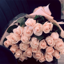 Large bouquet of pale blush roses wrapped in clear cellophane and paper on a dark seat