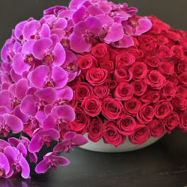 Pink orchids and red roses arranged in a low white bowl