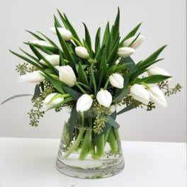 White tulips arranged in a clear glass vase with greenery