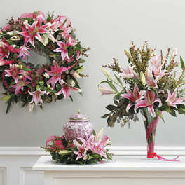 Pink Lily Urn Arrangement, Wreath, and Vase Arrangement