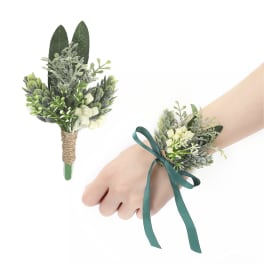 Greenery boutonniere and matching wrist corsage with small white buds and green ribbon