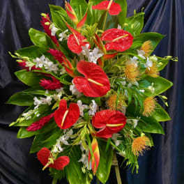 Tropical arrangement with red anthuriums, white orchids, and green foliage