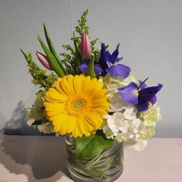 Yellow gerbera daisy and purple iris arrangement in a glass vase