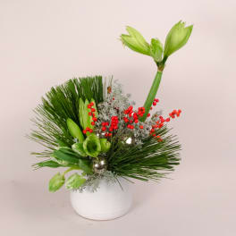 Green floral arrangement with red berries in a white pot