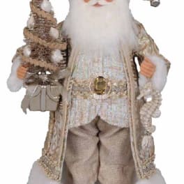 Decorative Santa figurine holding a small Christmas tree and gift bag