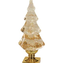 Clear glitter-filled Christmas tree figurine on a gold pedestal base