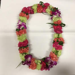 Floral lei with pink, coral, green, and purple flowers