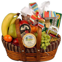 Gift basket with fruit, cheese, crackers, and ribbon bows