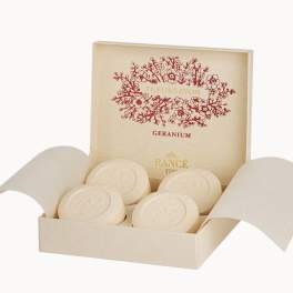 Boxed geranium soap set with four round bars