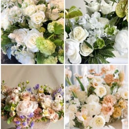 Collage of pastel floral arrangements with white and peach roses.