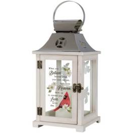 Decorative white lantern with a cardinal and memorial message