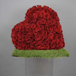 Heart-shaped arrangement of red roses on a grass-covered base