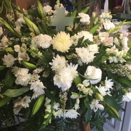 Large white floral spray with lilies and chrysanthemums