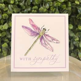 Square sympathy card with watercolor dragonfly and purple text