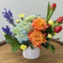 Orange roses with blue hydrangea and red tulips in a white vase