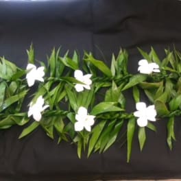 White flowers arranged in a long green garland on a black background