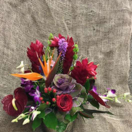 Mixed tropical bouquet in a low vase with red, purple, and orange blooms