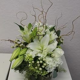 White lily arrangement in a round container with curly branches