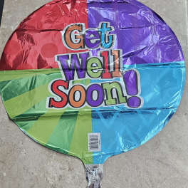 Round multicolor balloon with the words "Get Well Soon!"