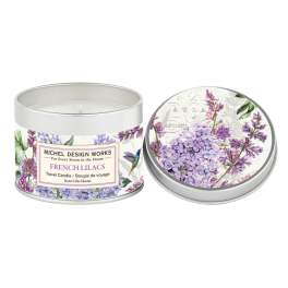 Lilac-scented travel candle in a metal tin with floral lid