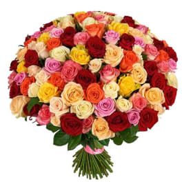 Large bouquet of multicolored roses with a wrapped stem
