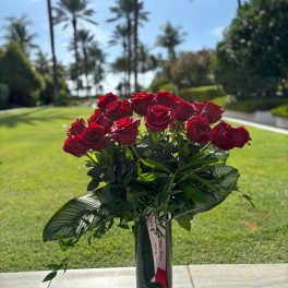 Red roses arranged in a tall glass vase outdoors