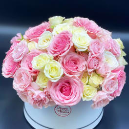 Pink and white roses arranged in a round white box