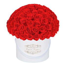 Large dome of red roses in a white hat box