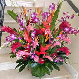 Tall tropical arrangement with pink gingers, orange heliconias, and purple orchids in a green pot
