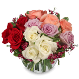 Round vase of red, peach, lavender, and white roses with small pink blossoms
