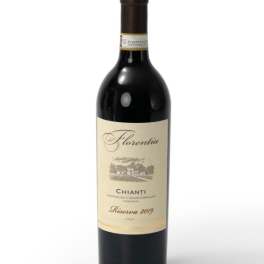 Bottle of Florentia Chianti Riserva 2019 red wine with cream label on a white background
