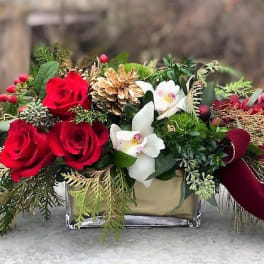 Red roses and white orchids in a glass vase with pinecones and ribbon