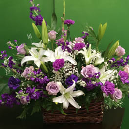 White and Purple Basket Arrangement