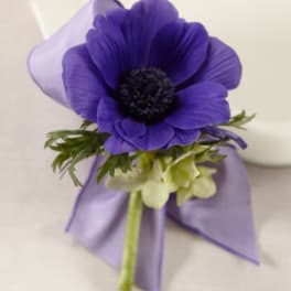 Purple anemone boutonniere with lavender ribbon and small white flowers
