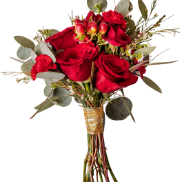 Bouquet of red roses with eucalyptus and small accent flowers