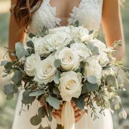 Bride holding a bouquet of white roses and eucalyptus