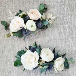Two floral hair combs with white roses and greenery