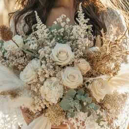 Bride holding a bouquet of white roses and baby's breath