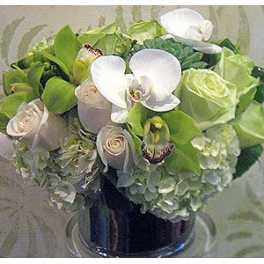 Bouquet of white orchids, pale roses, and green hydrangeas in a vase