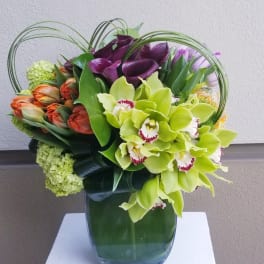 Mixed bouquet with green orchids, purple calla lilies, and orange tulips in a glass vase