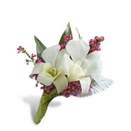 White orchid boutonniere accented with small pink blossoms and a wrapped stem