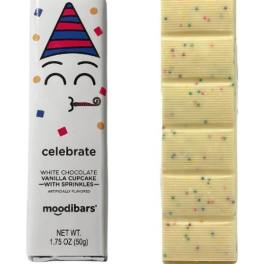 Two chocolate bars in festive wrappers, one labeled celebrate
