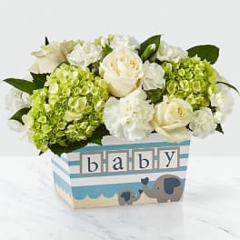 White roses and green hydrangeas in a baby-themed box
