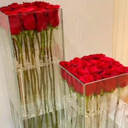 Two clear glass vases filled with tightly packed red roses.