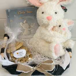 Plush bunny with a children’s book and a bag of cookies in a gift basket