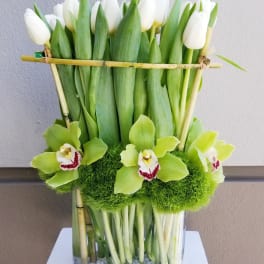 White tulips and green orchids in a glass vase with bamboo accents