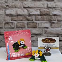 Toy building-block critter set with a display card and packaging