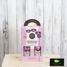 Pink orchid care kit box with two bottles in a windowed package
