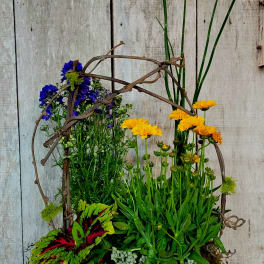 Basket planter with yellow and blue flowers and mixed foliage