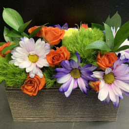 Orange roses and purple daisies in a rectangular planter